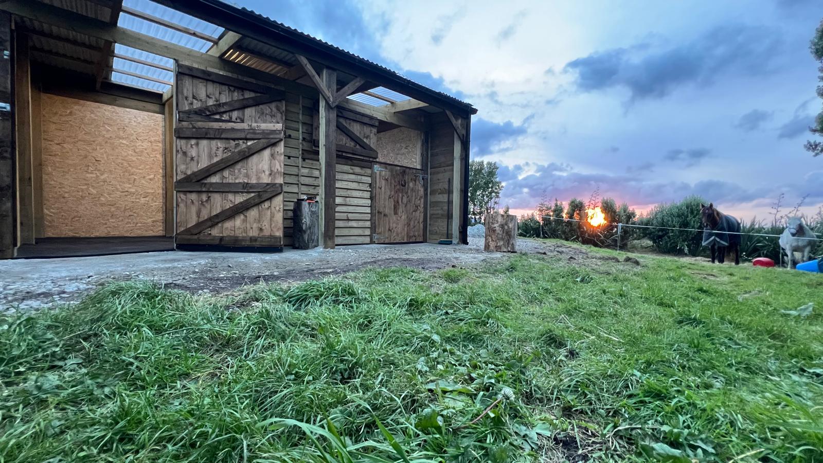 The new wooden barn at sunset, with horses standing nearby.